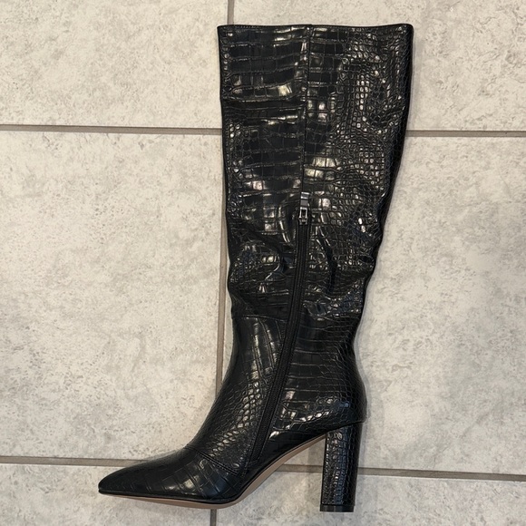 Black Croc-Embossed Knee-High Boots - Picture 3 of 4